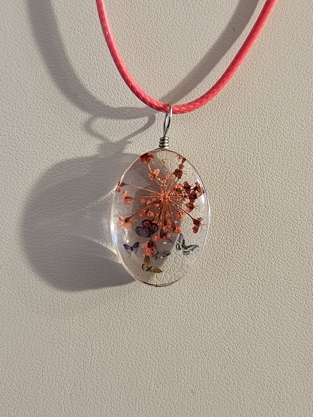 Handmade Clear Resin Pendant Necklace with Pink Cord and Dried Flower Inlay